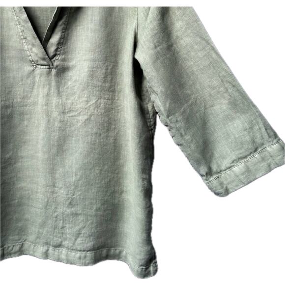 Tahari Loose Boxy Pullover Top Women Medium 100% Linen 3/4 Sleeve V-Neck Green - Picture 4 of 6